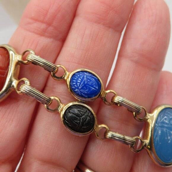 Egyptian Revival Double Strand Scarab Gold Tone Bracelet - Picture 3 of 13